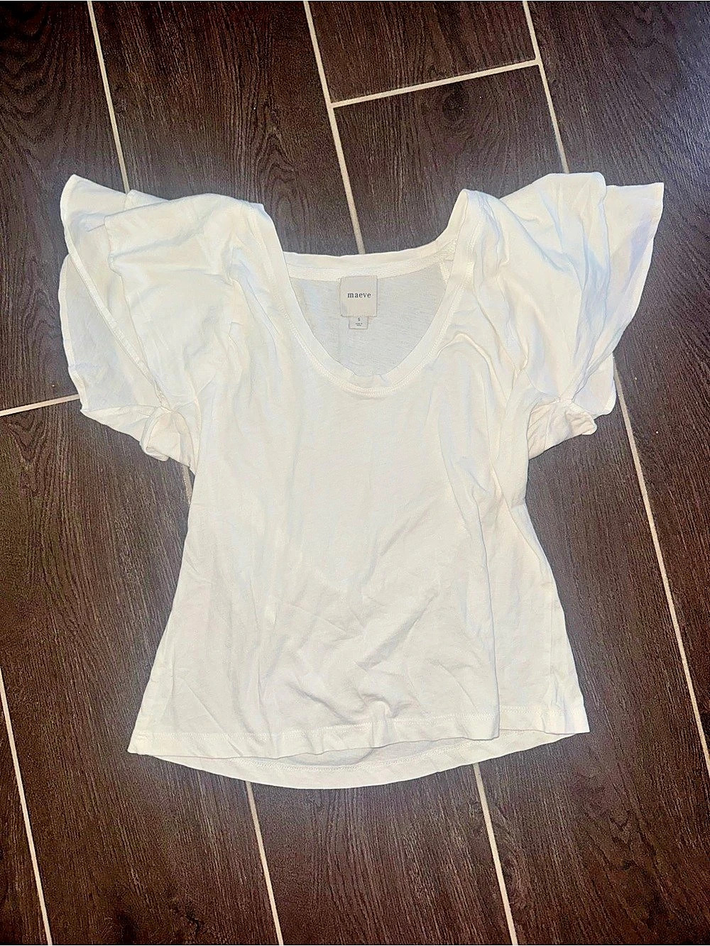 100% Cotton Maeve Scoop-Neck Ruffle-Sleeved Tee White Small - Picture 2 of 5